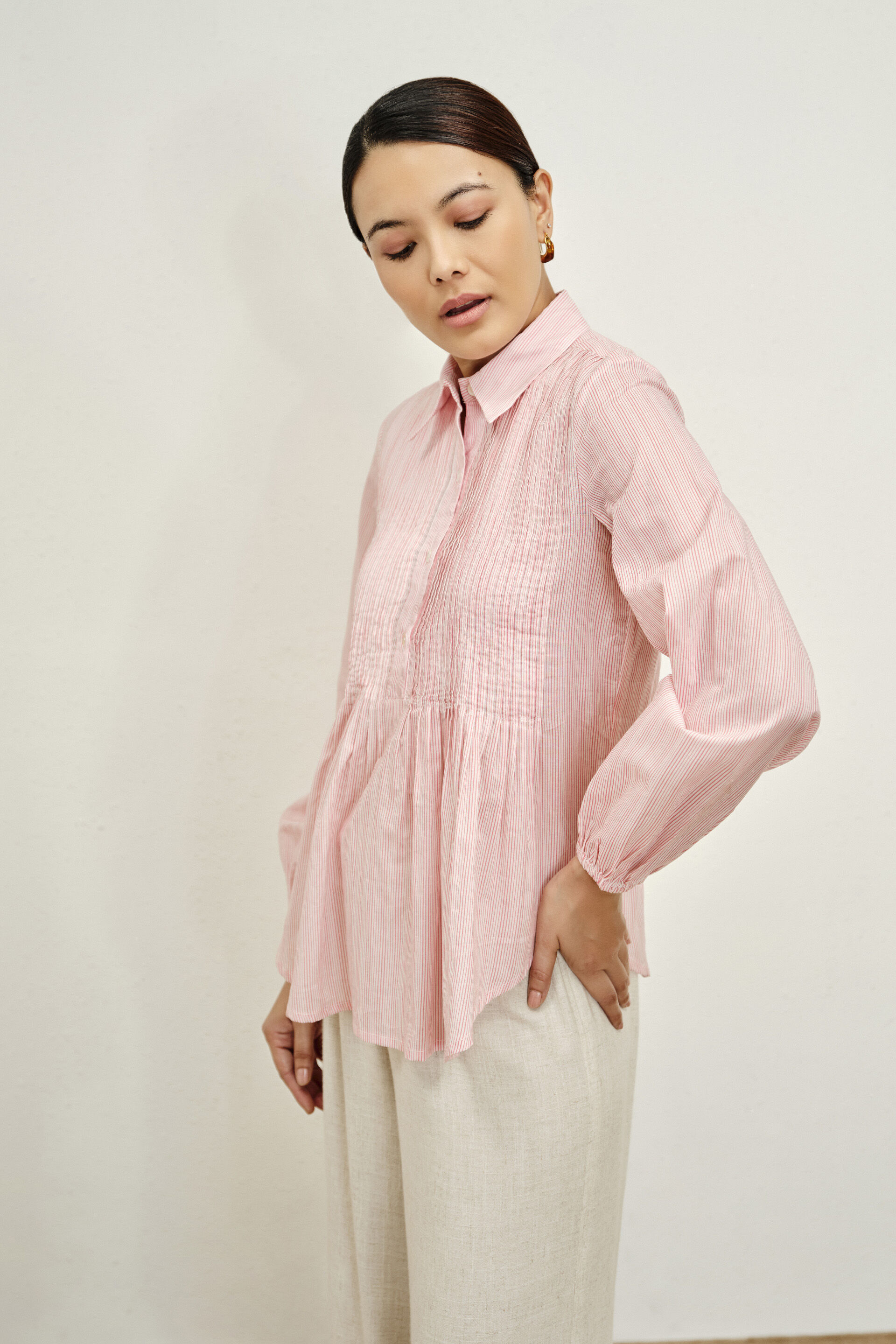 Rosalina Pleated Cotton Shirt, Pink, image 4